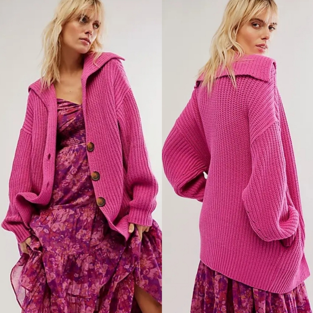 NEW Free People | Swim Too Deep Cardigan in Fuscia Flame